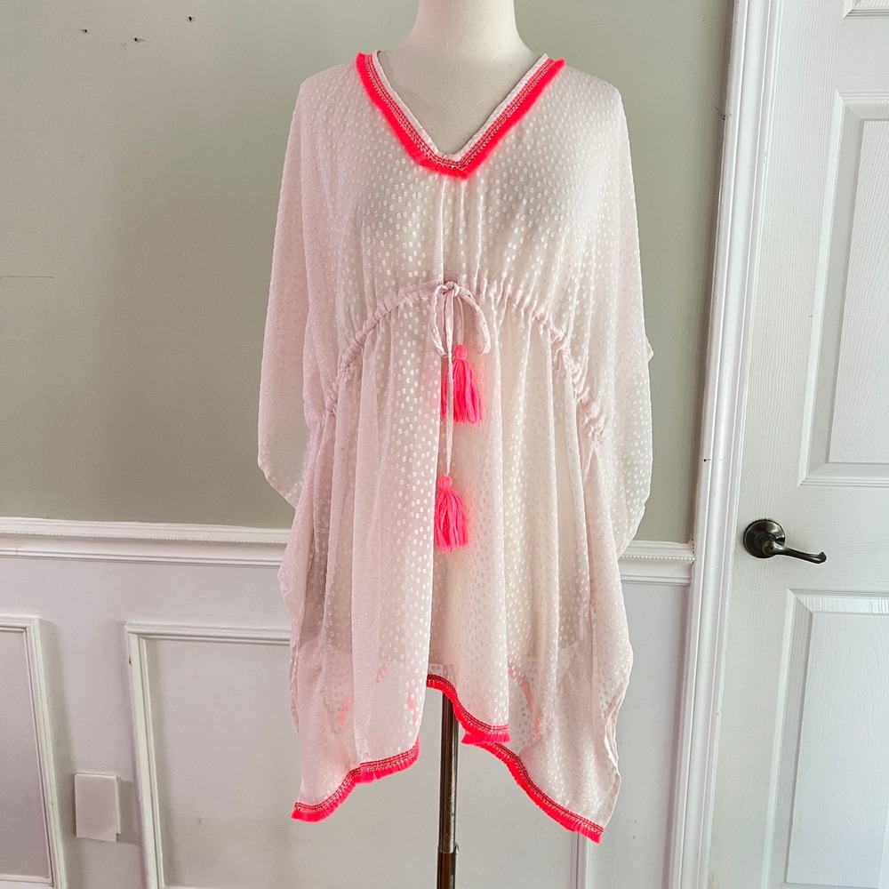 Steve Madden Kaftan Cover Up OSFM Women Sheer Dobby Dot Neon Pink Beach Pool